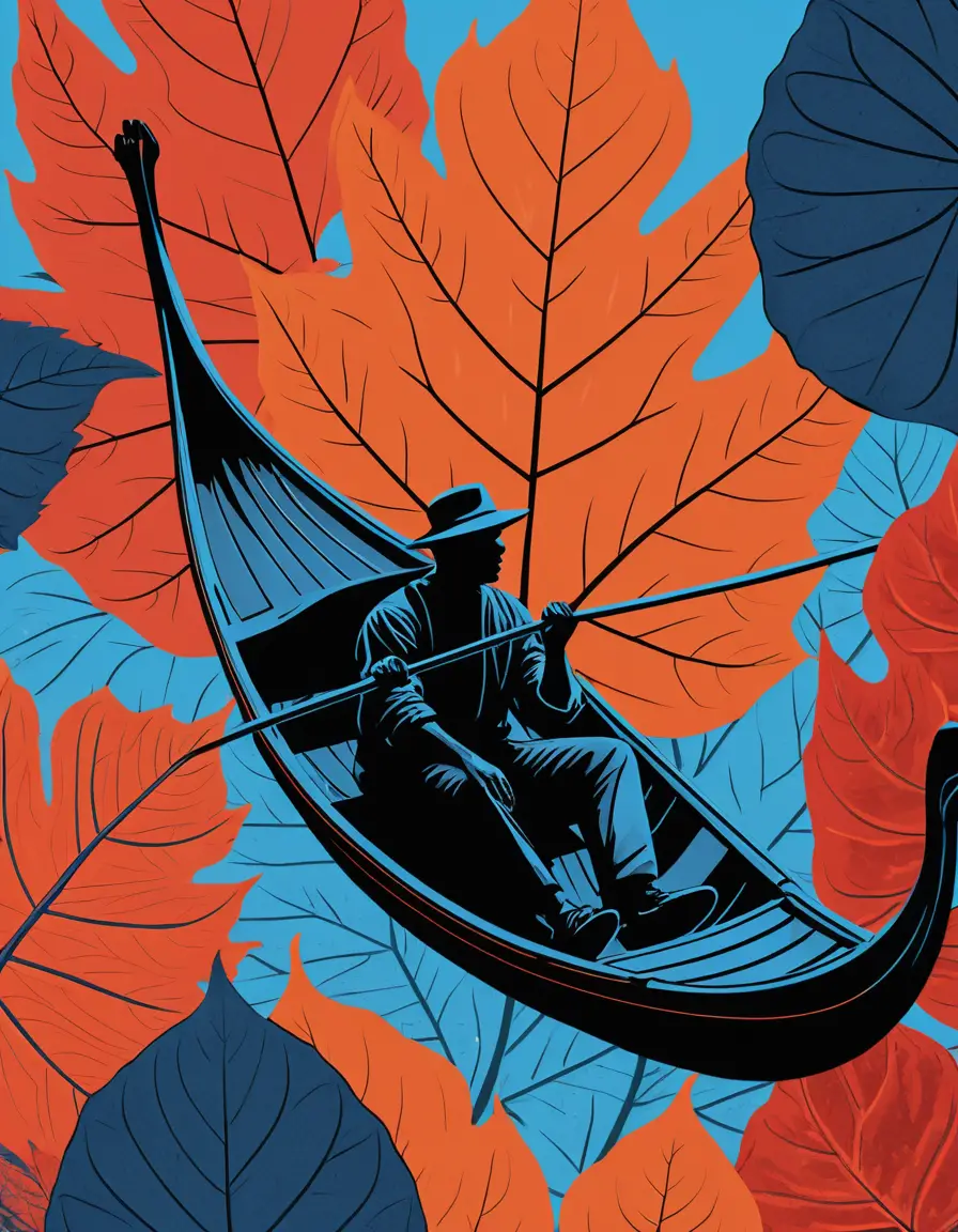 Person in gondola floating on a giant colorful leaf