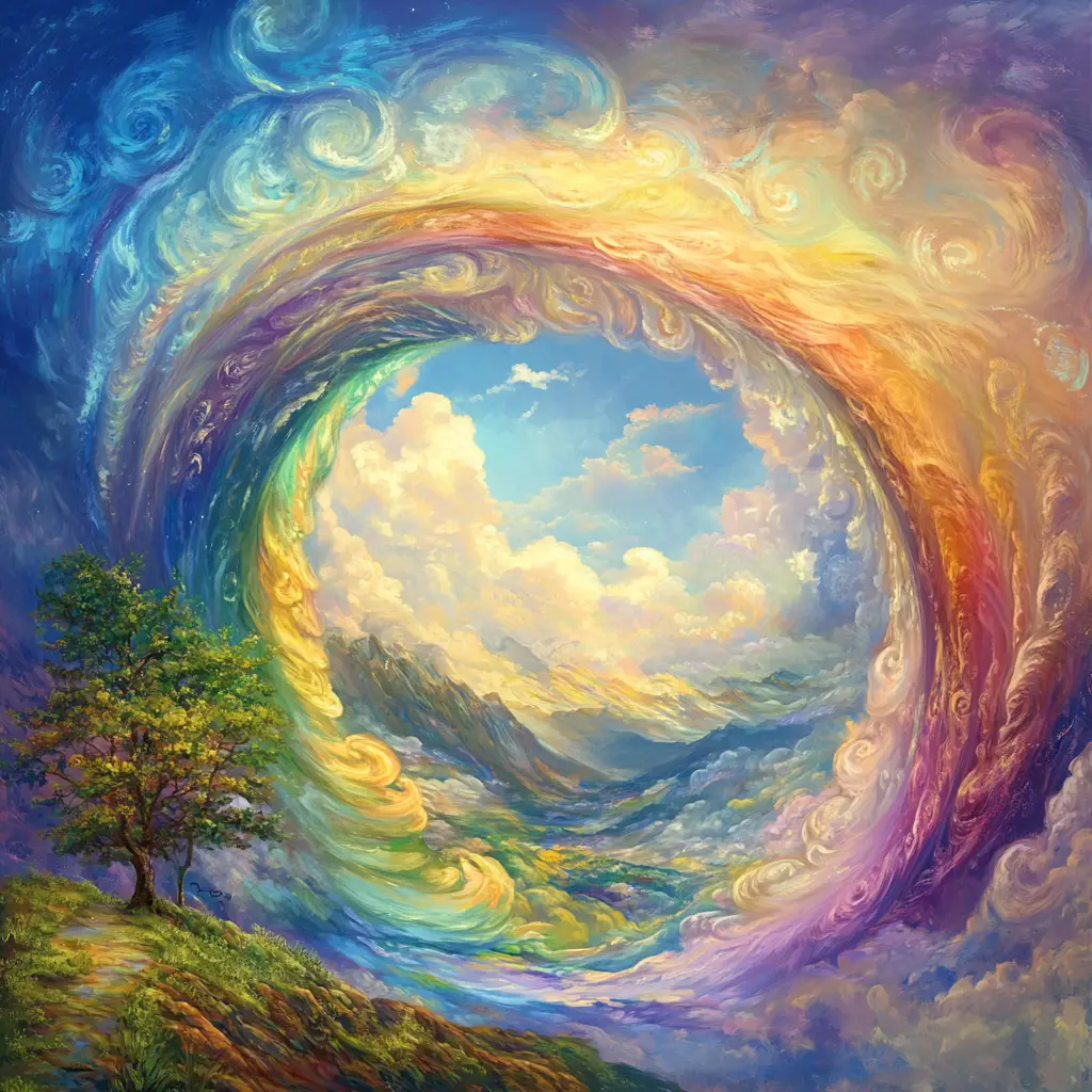 Colorful swirl rainbow over dramatic mountain landscape
