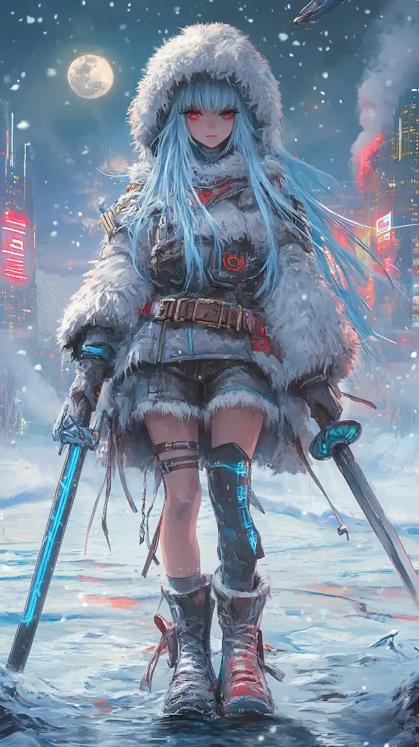 Blue haired girl with swords by a frozen fantasy city
