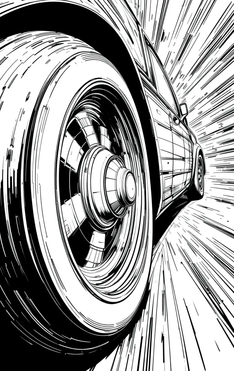 Close up comic illustration of a super ship with spinning wheels