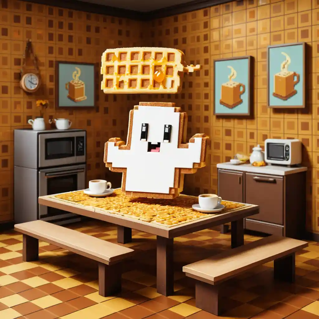 Adorable fantôme toast en pixel au-dessus d’une table de petit-déjeuner rétro