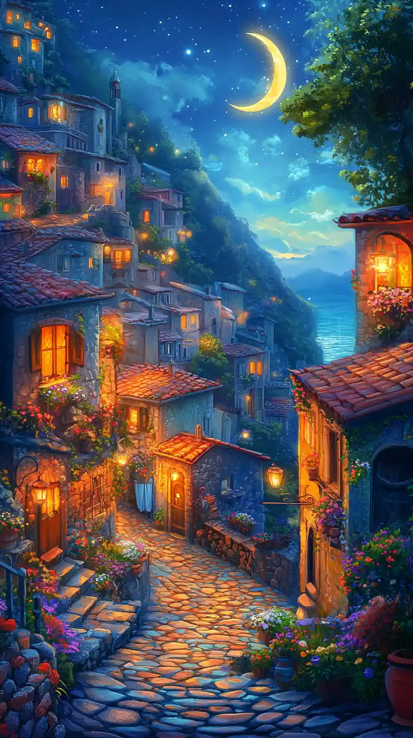 Whimsical Fantasy Village Inspired By Riomaggiore At Night