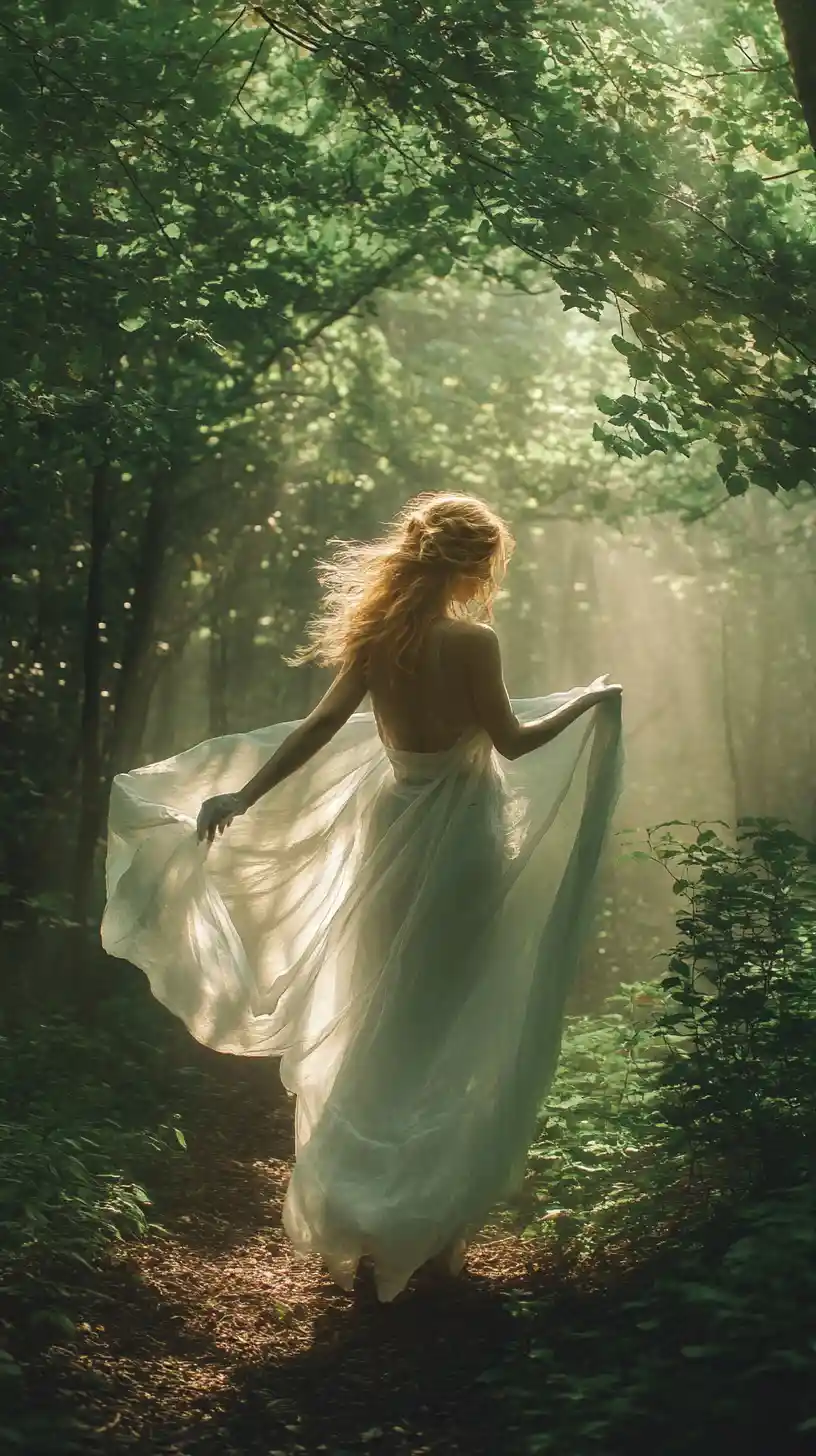 Ethereal woman in misty forest with flowing sheer dress