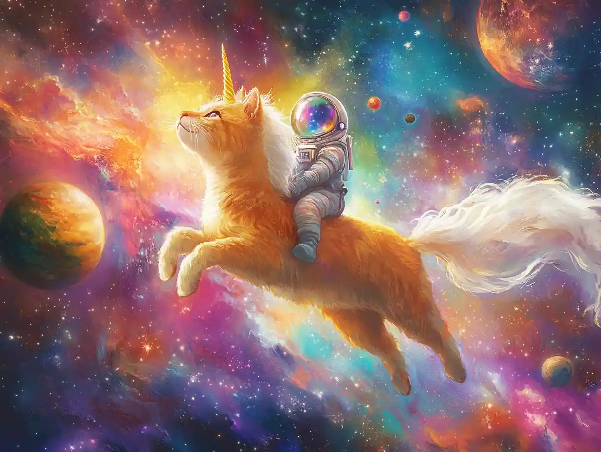 Playful space cat riding a unicorn through stars