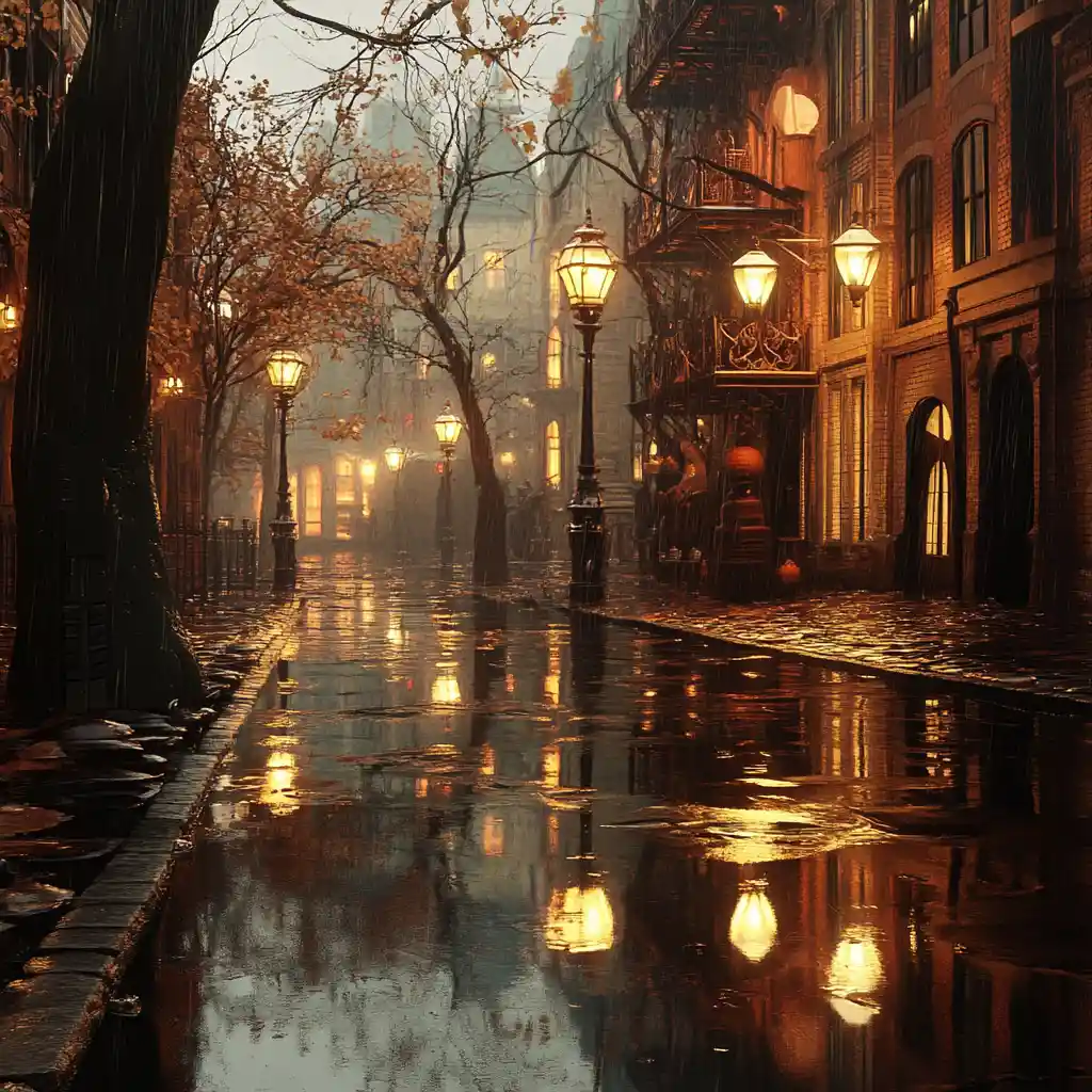 Surreal rainy steampunk city street with glowing reflections