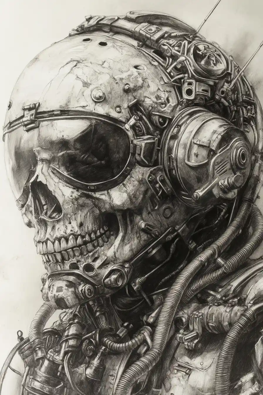 Futuristic armored warrior in skull helmet pencil sketch