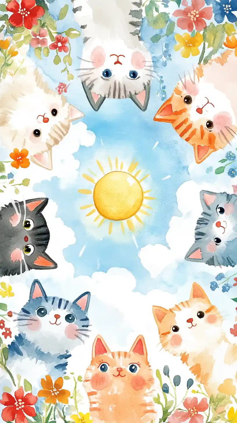 Fröhliche Aquarell-Katzengesichter rund um einen sonnigen blauen Himmel