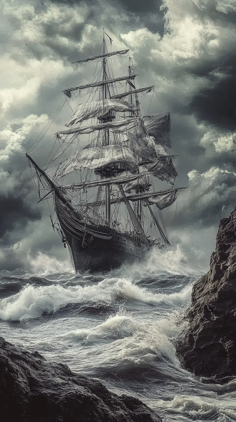 Historic sailing ship on stormy sea by rocky coast