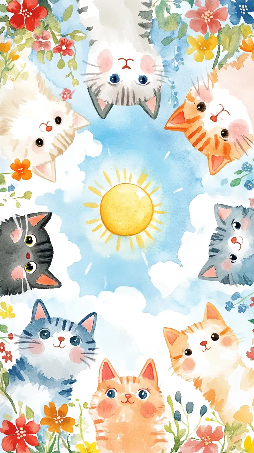 Joyful watercolor cat faces around a sunny blue sky