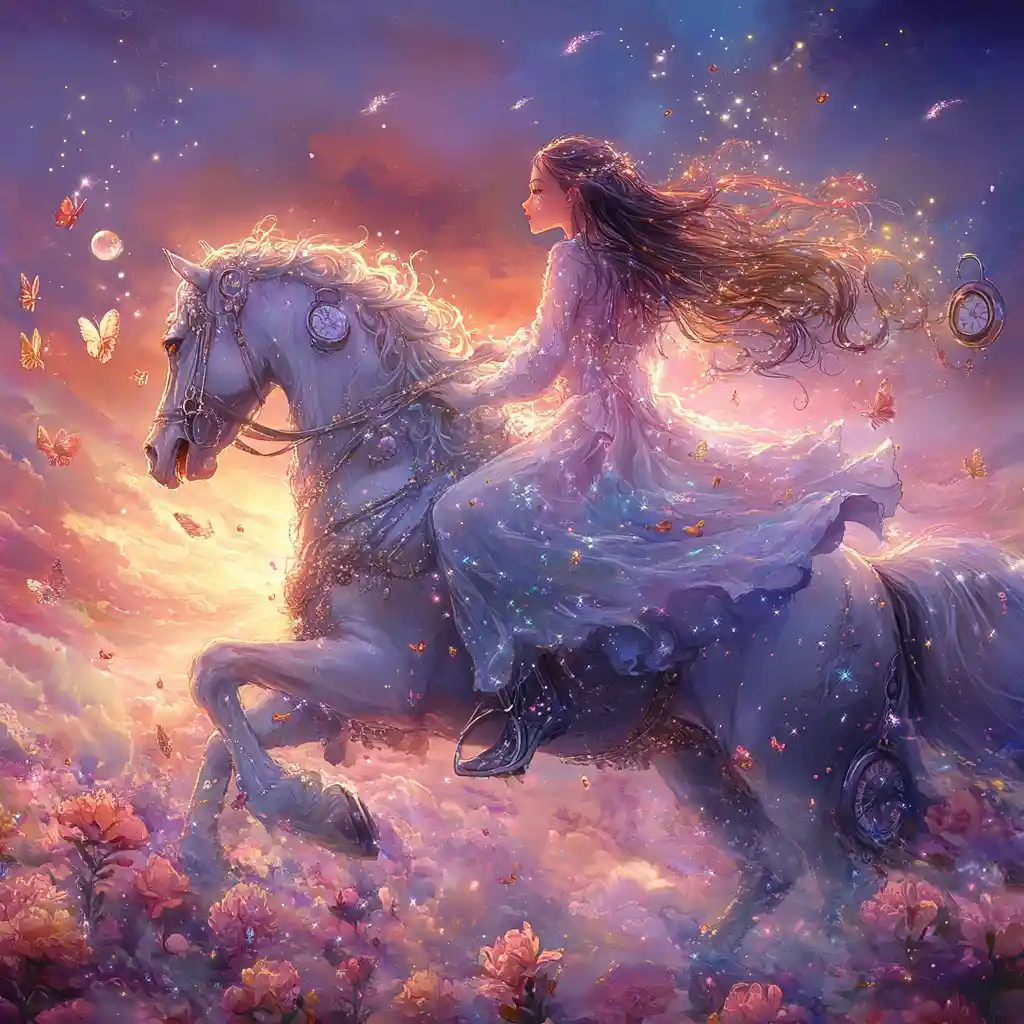 Girl riding a celestial horse through a surreal sky
