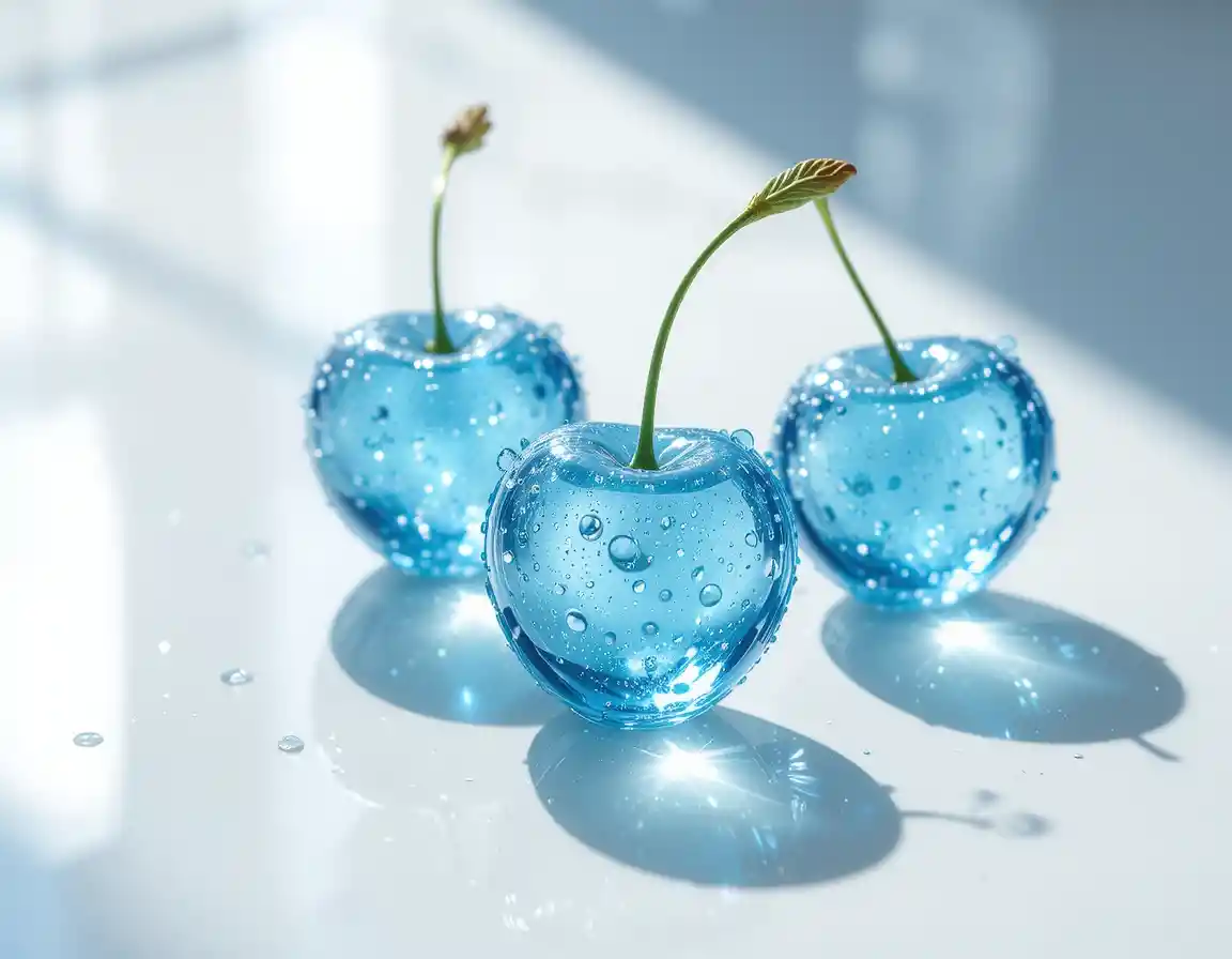 Ciliegie blu translucide su superficie bianca lucida