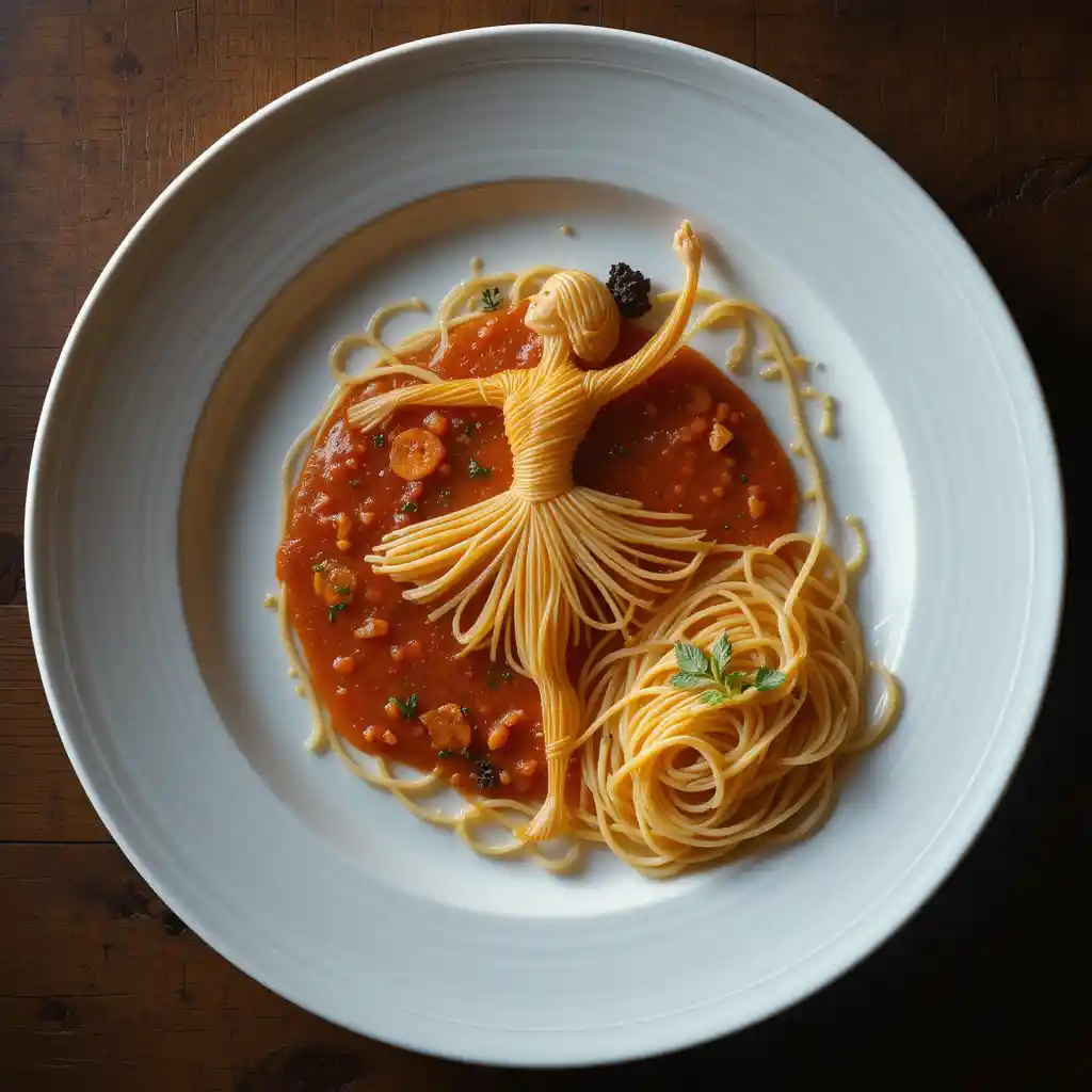 Surreal plate of spaghetti shaped like a ballet dancer