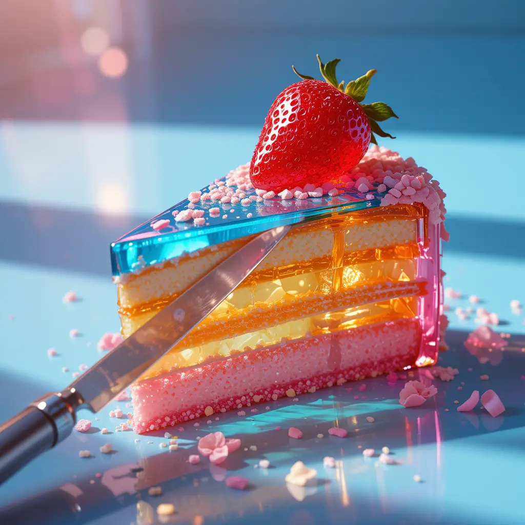 Crystal layered cake slice with gummy strawberry topping