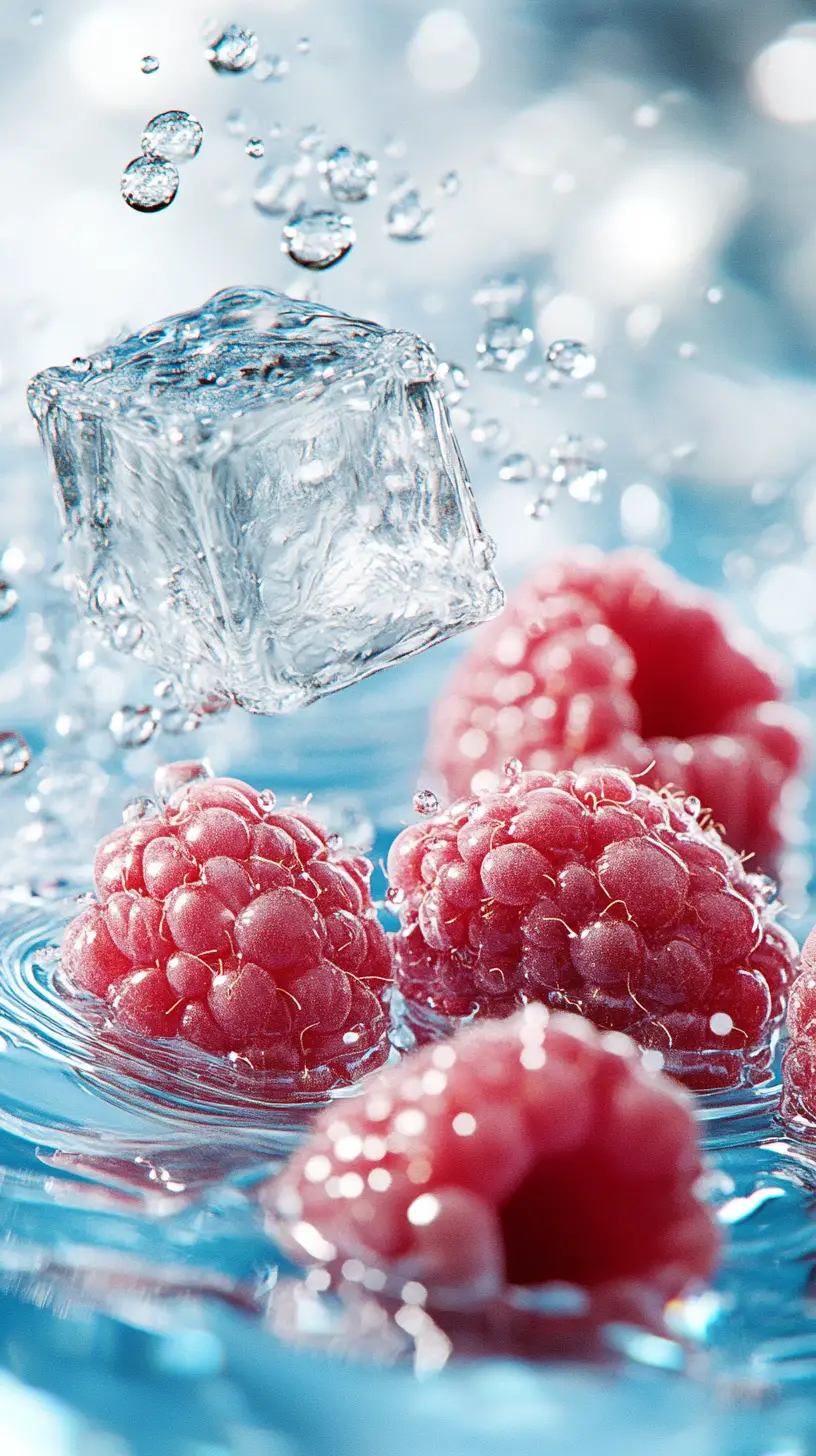 Hyperreal raspberries with shimmering water on abstract background