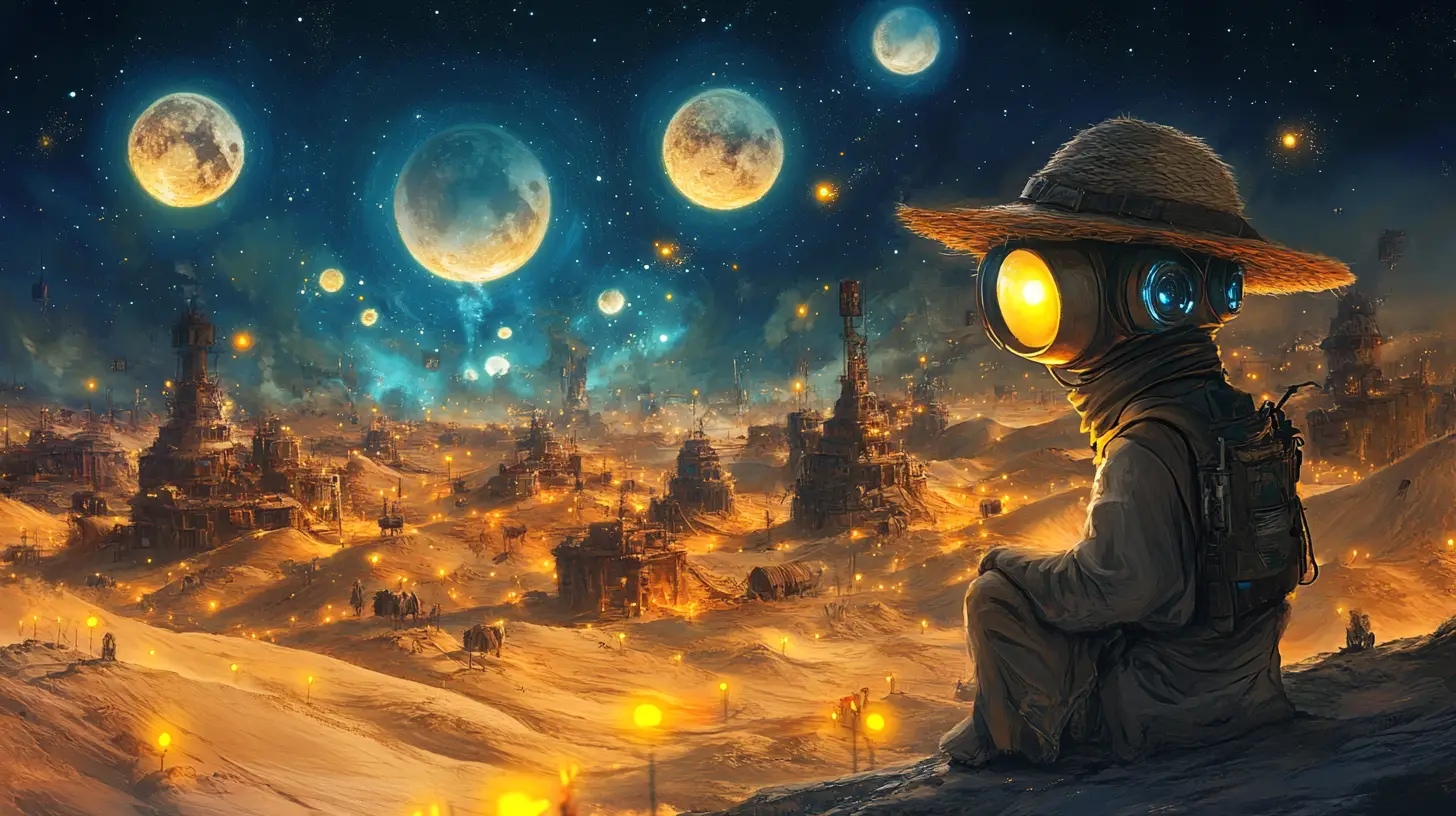 Hermit Walking Across A Moonlit Desert Fantasy Planet