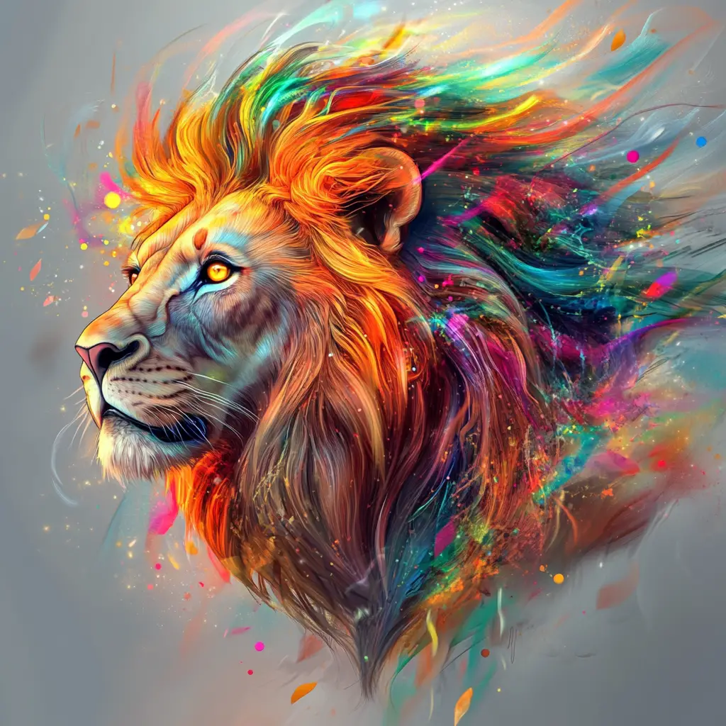 Colorful digital painting of a majestic lion head