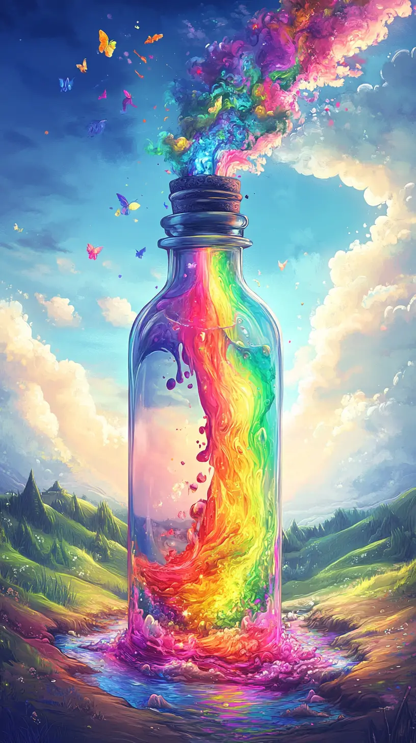 Mystical bottle pouring rainbow over a fantasy landscape