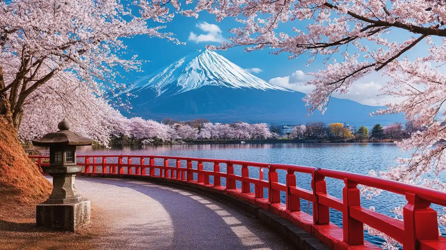 Cherry blossom bridge over river with distant Mount Fuji