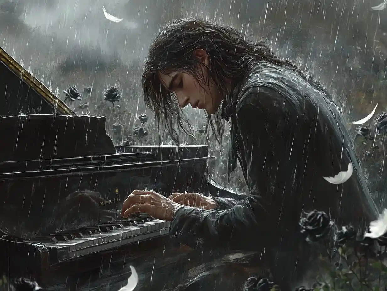 Young pianist playing alone in a rainy flower field