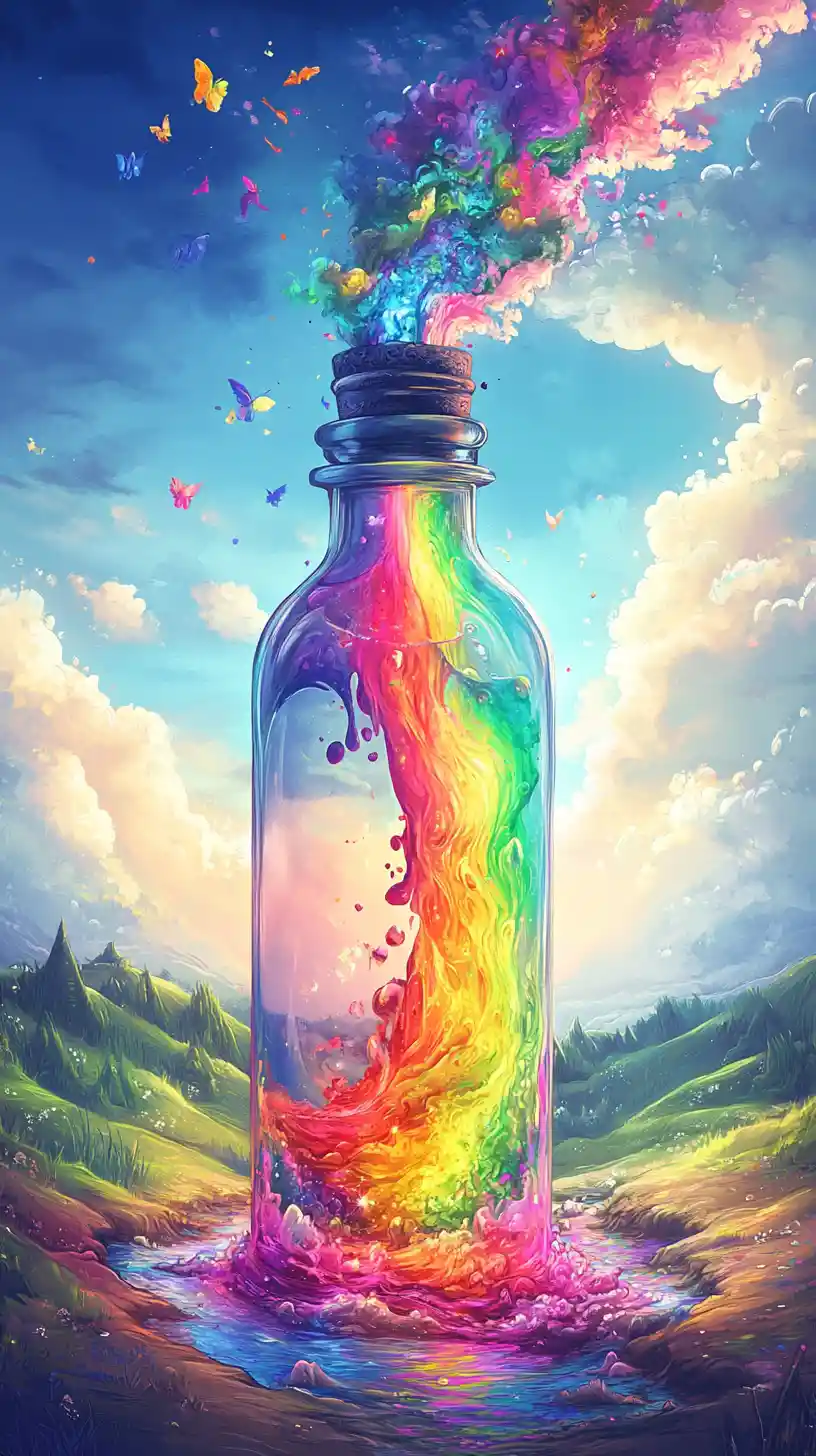 Mystical bottle pouring rainbow over a fantasy landscape