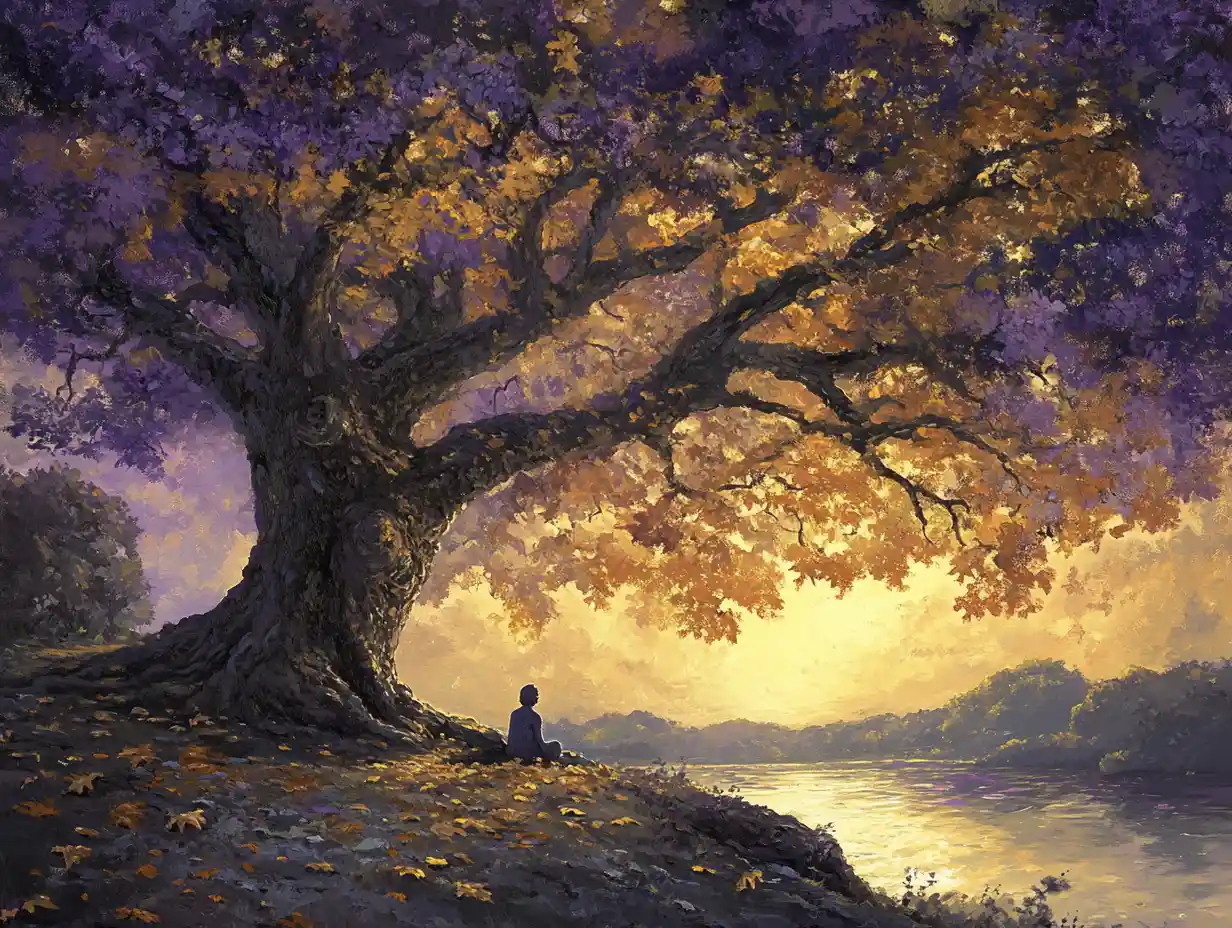 Lonely figure under an ancient tree at twilight