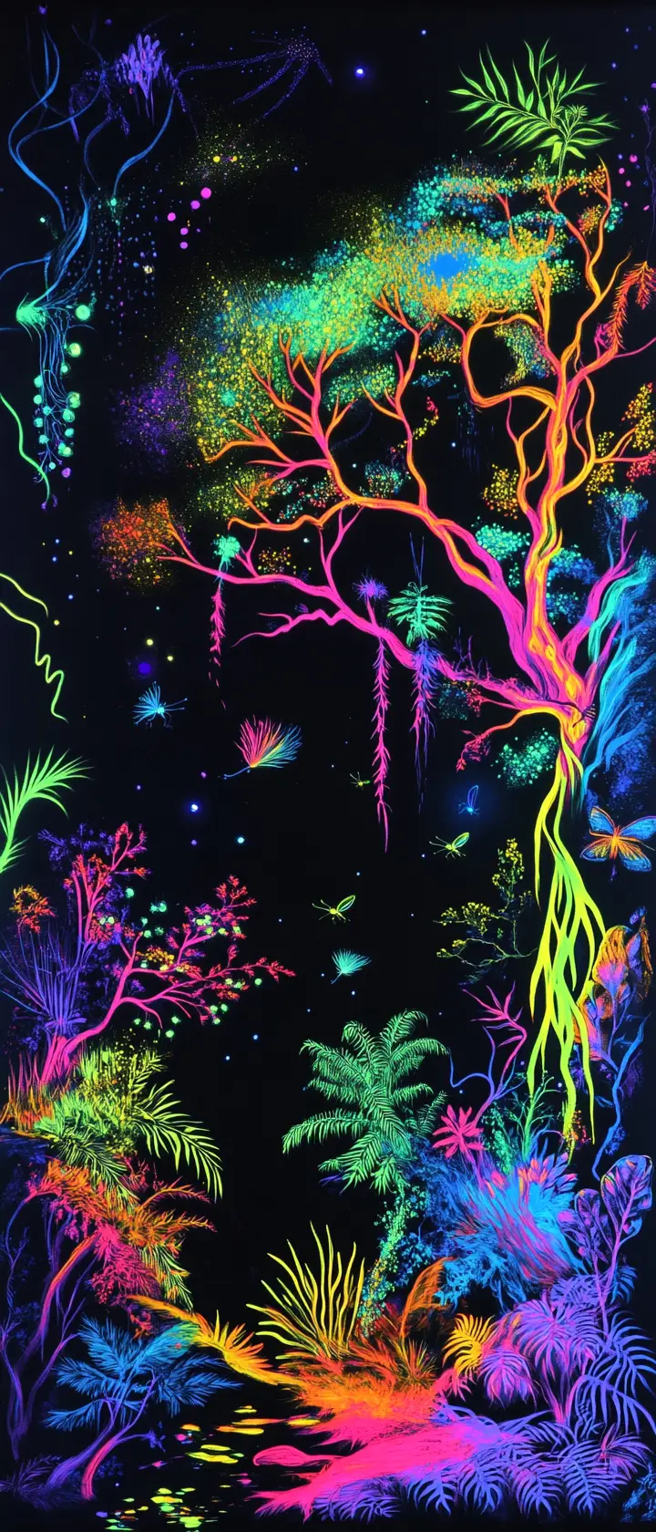 Glowing bioluminescent jungle under blacklight at night