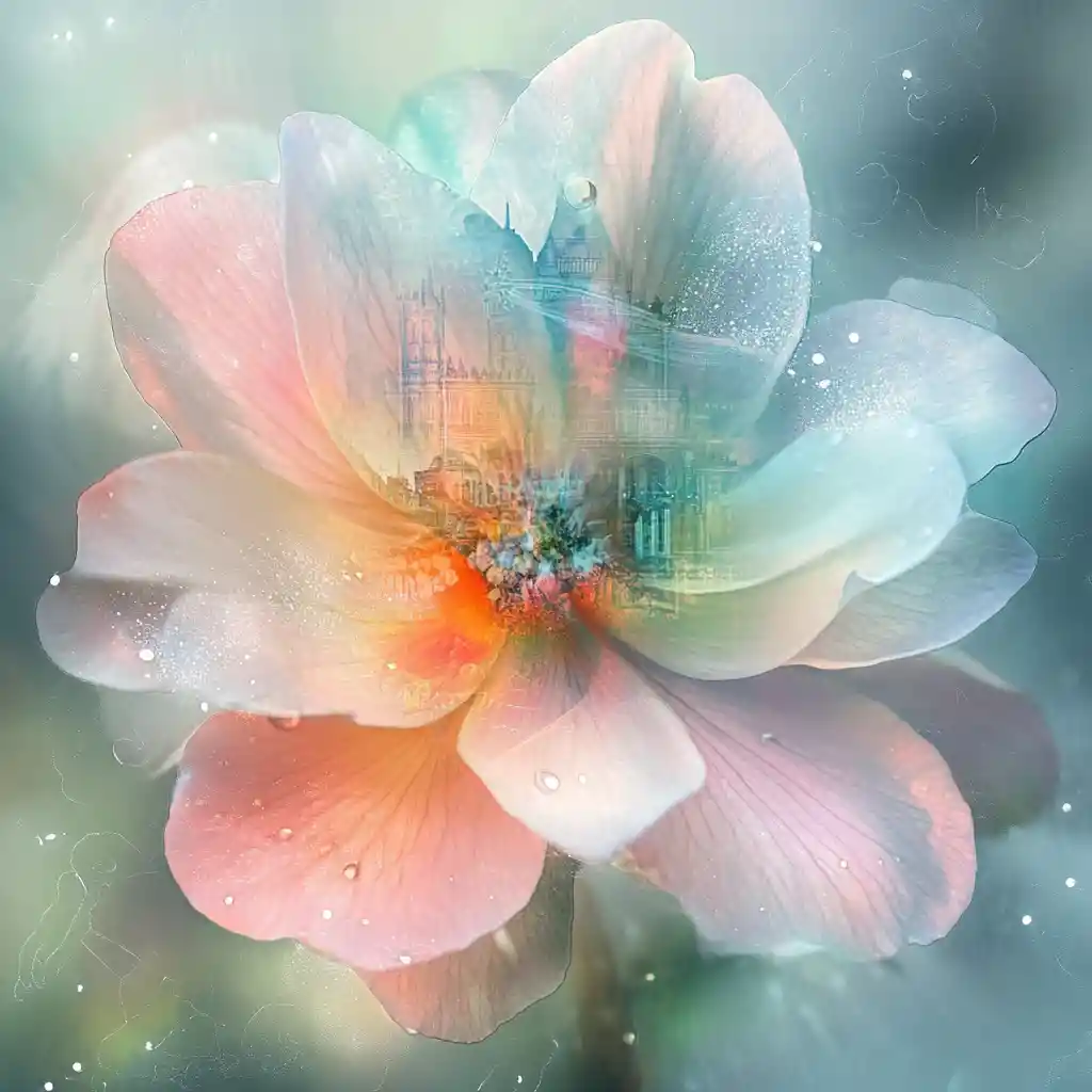 Radiant fantasy flower with city images in a meadow