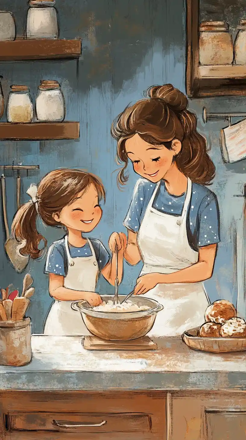 Illustration d’une mère qui fait de la pâtisserie avec sa fille dans une cuisine chaleureuse