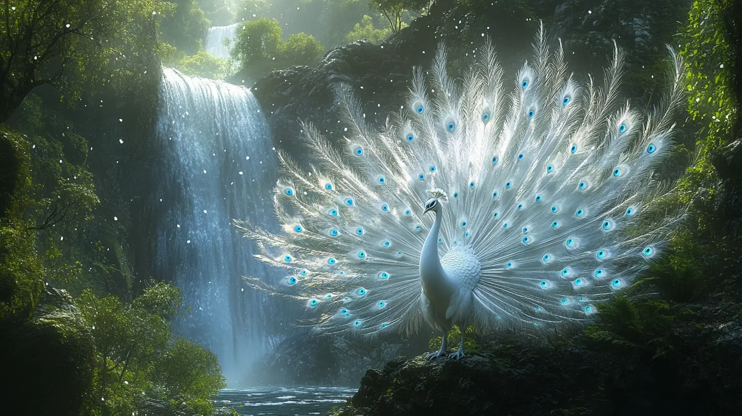 White jeweled peacock standing in a forest waterfall scene