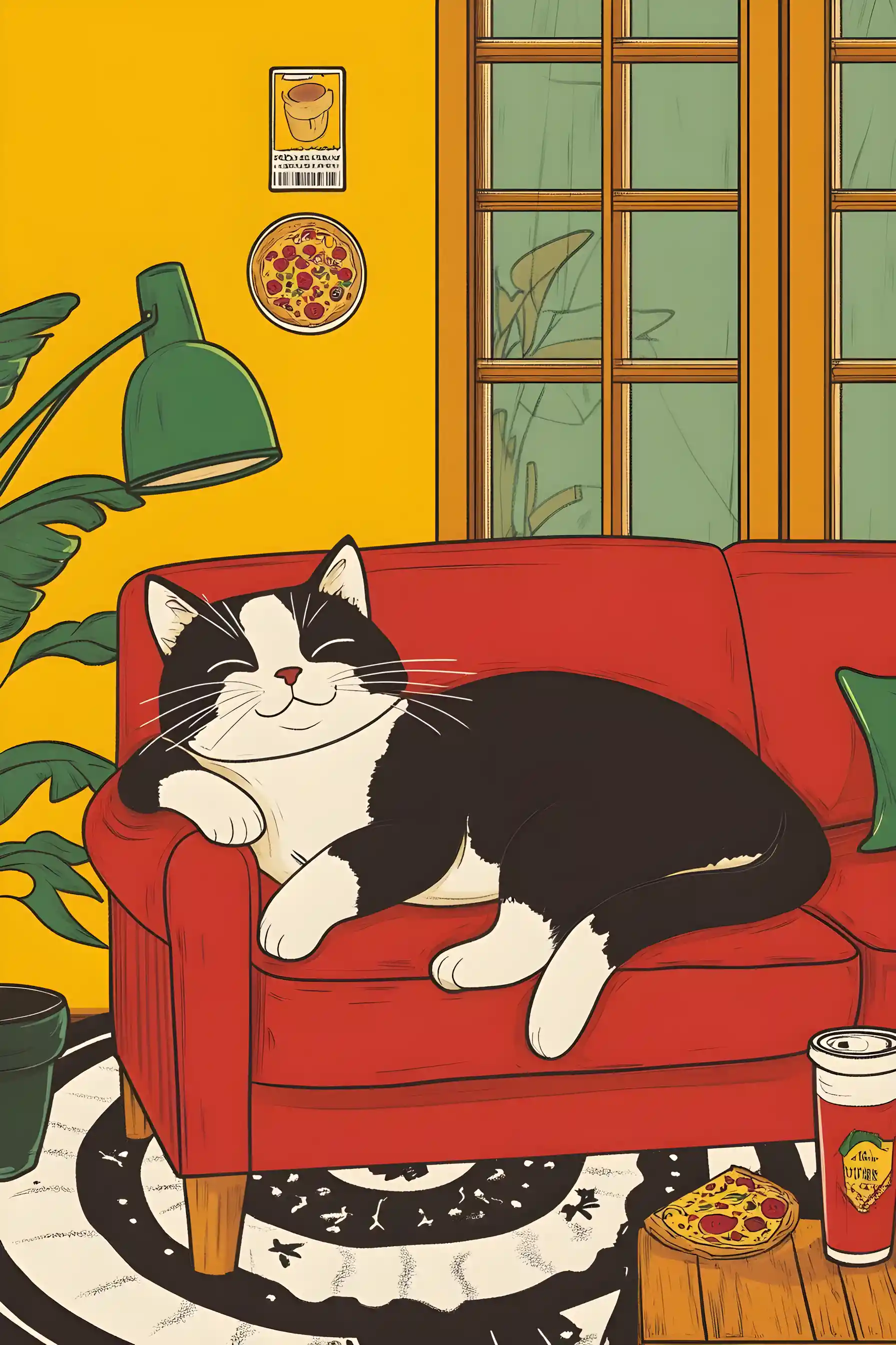 Happy cartoon cat relaxing on a red living room sofa