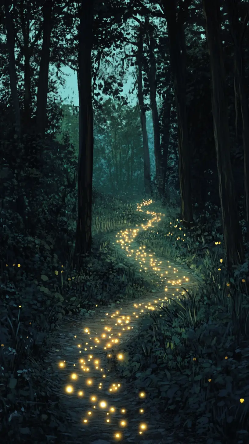 Glowing forest path lit by magical firefly lights