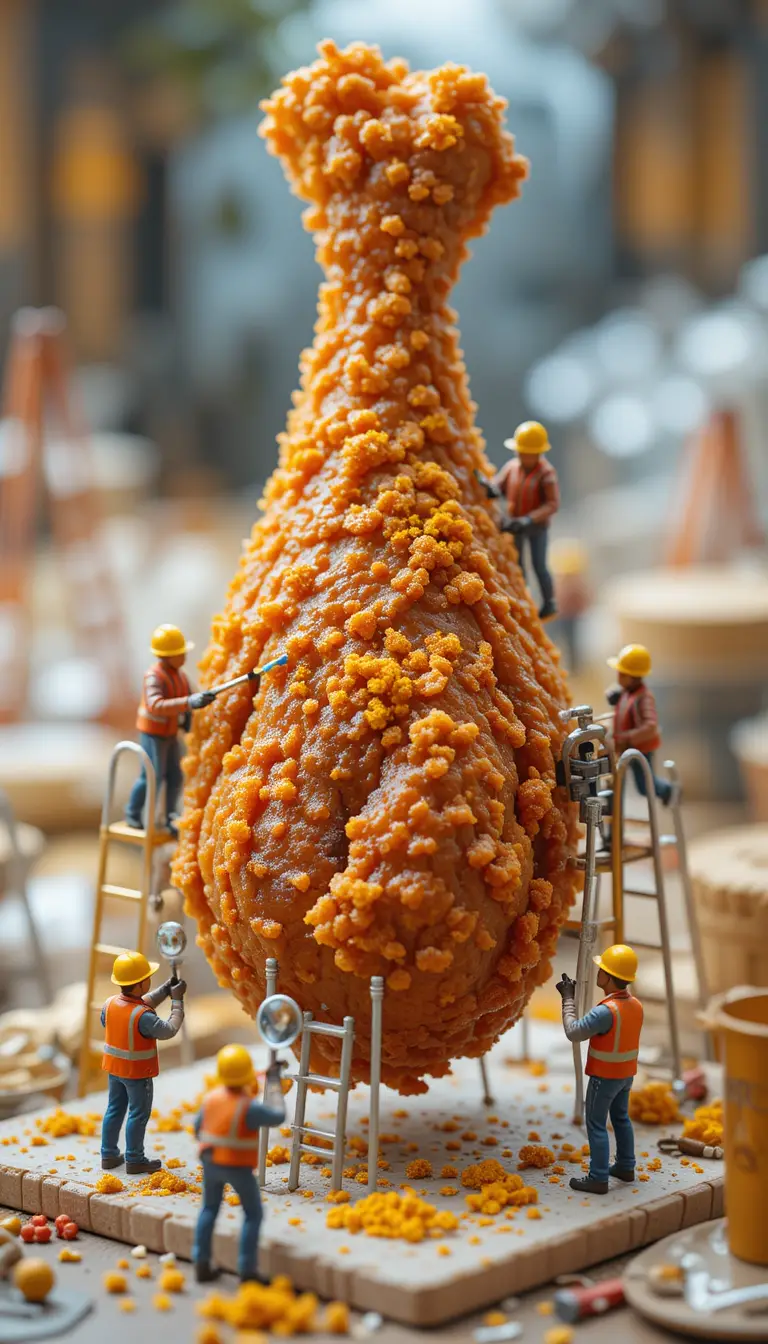 Mini workers building a giant fried chicken drumstick