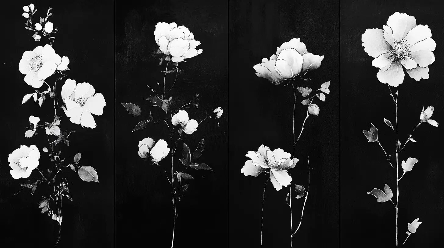 Japanese ink style flowers arranged on geometric tiles