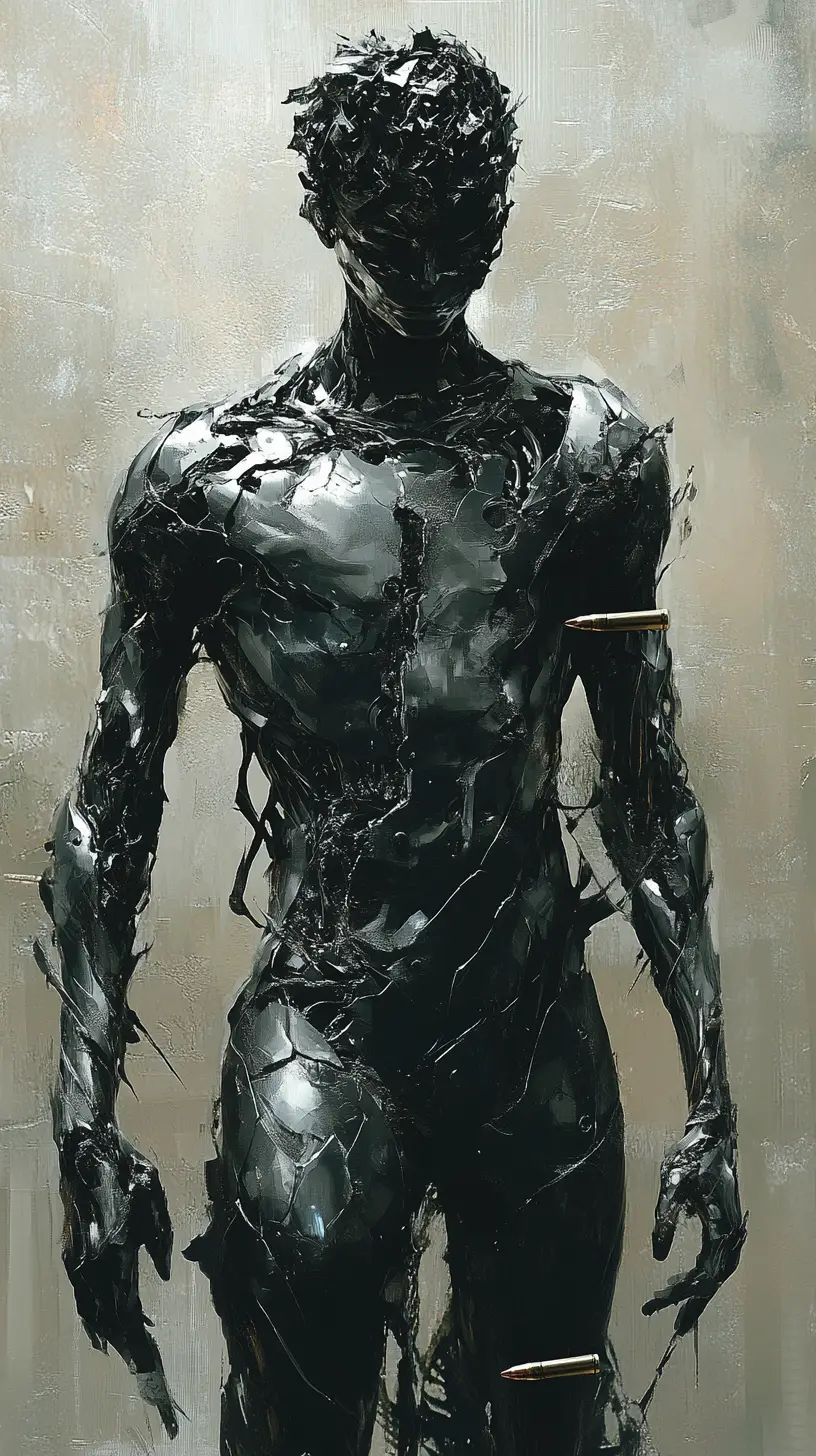 Young male superhero with bulletproof metallic skin