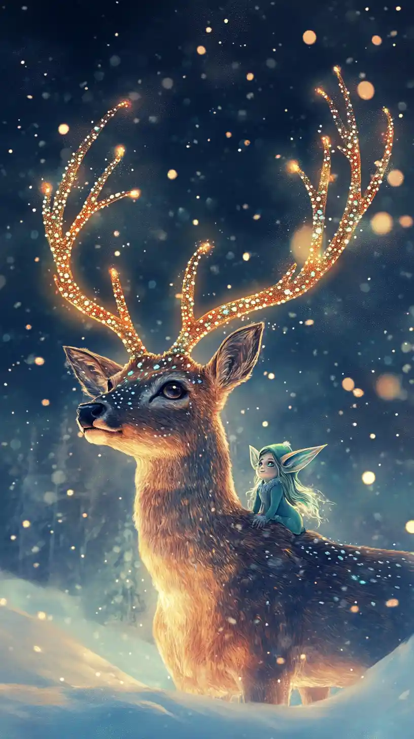 Magical glowing deer with snow elf under northern lights