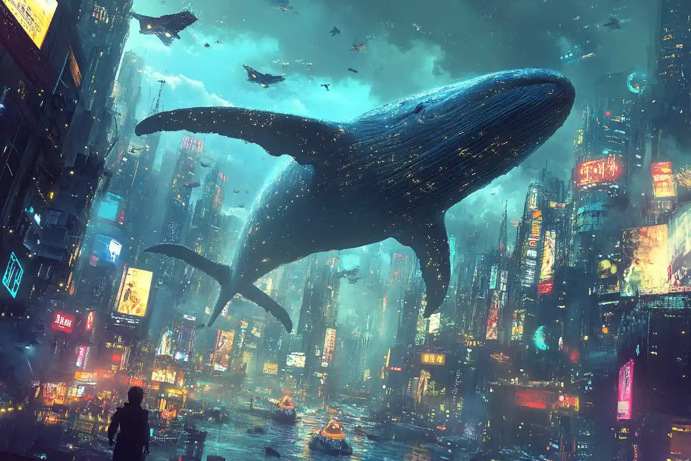 Flying whale above neon city with tiny airplanes