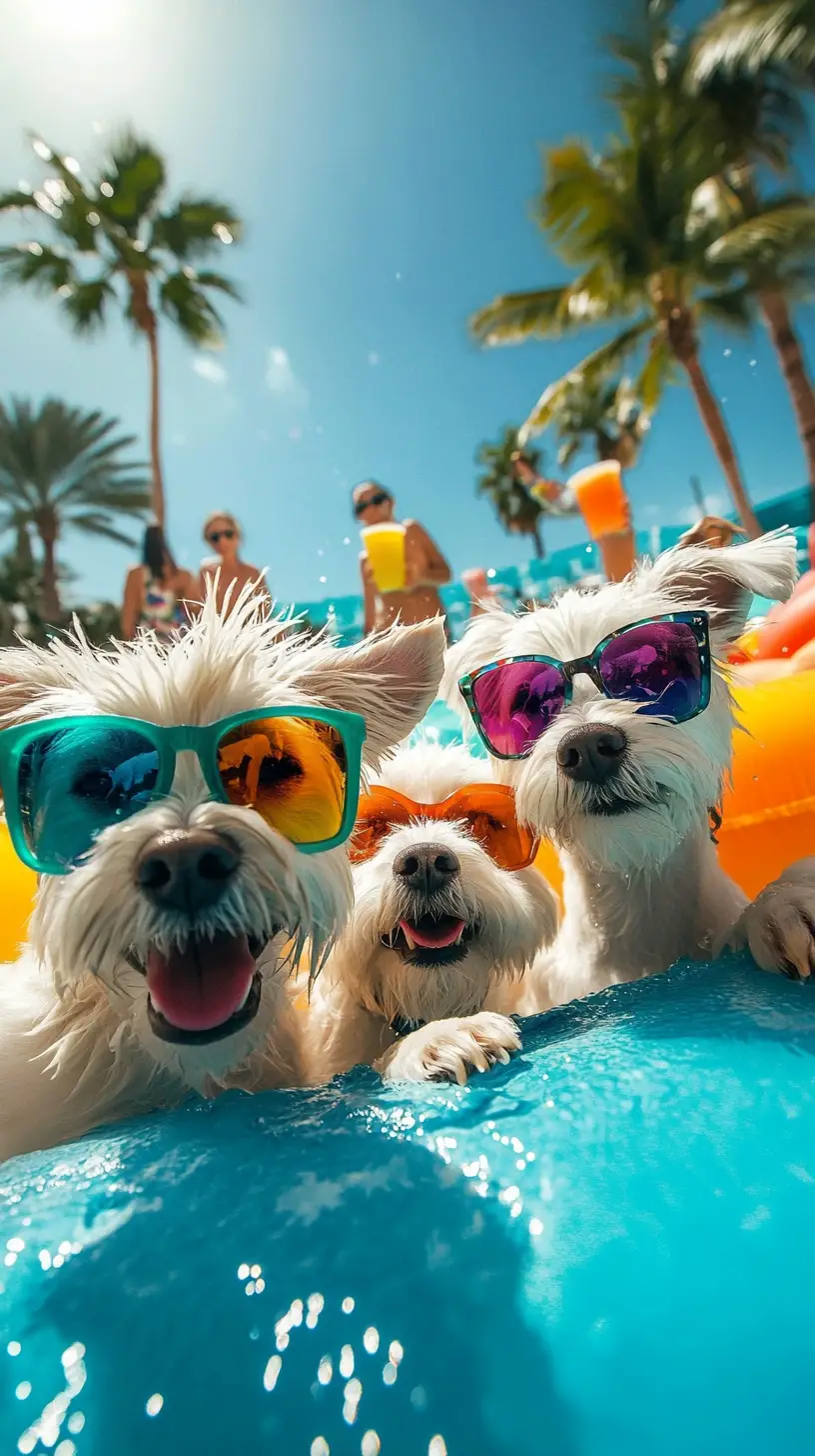 White dogs in sunglasses taking fun summer pool selfie