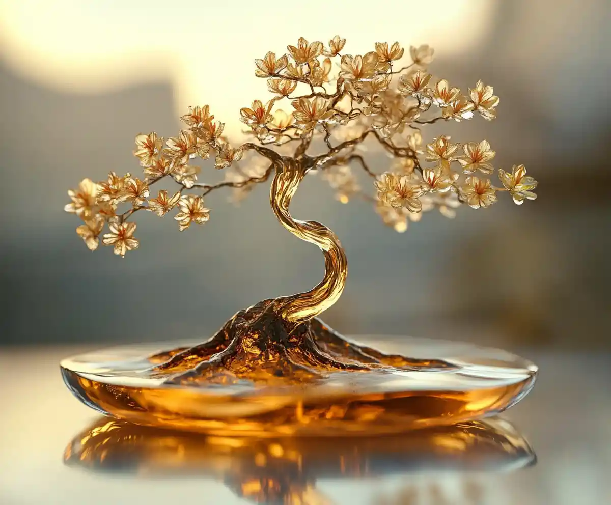 Suspended bonsai tree in liquid amber macro view