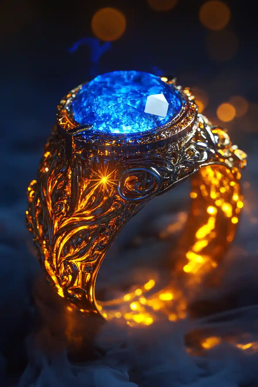 Glowing magic ring with golden smoky energy aura