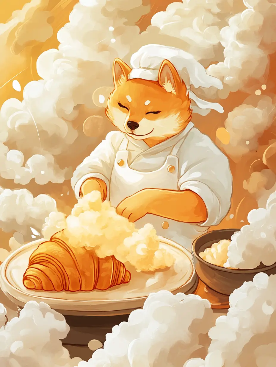 Shiba inu baker shaping cloud croissants at sunrise