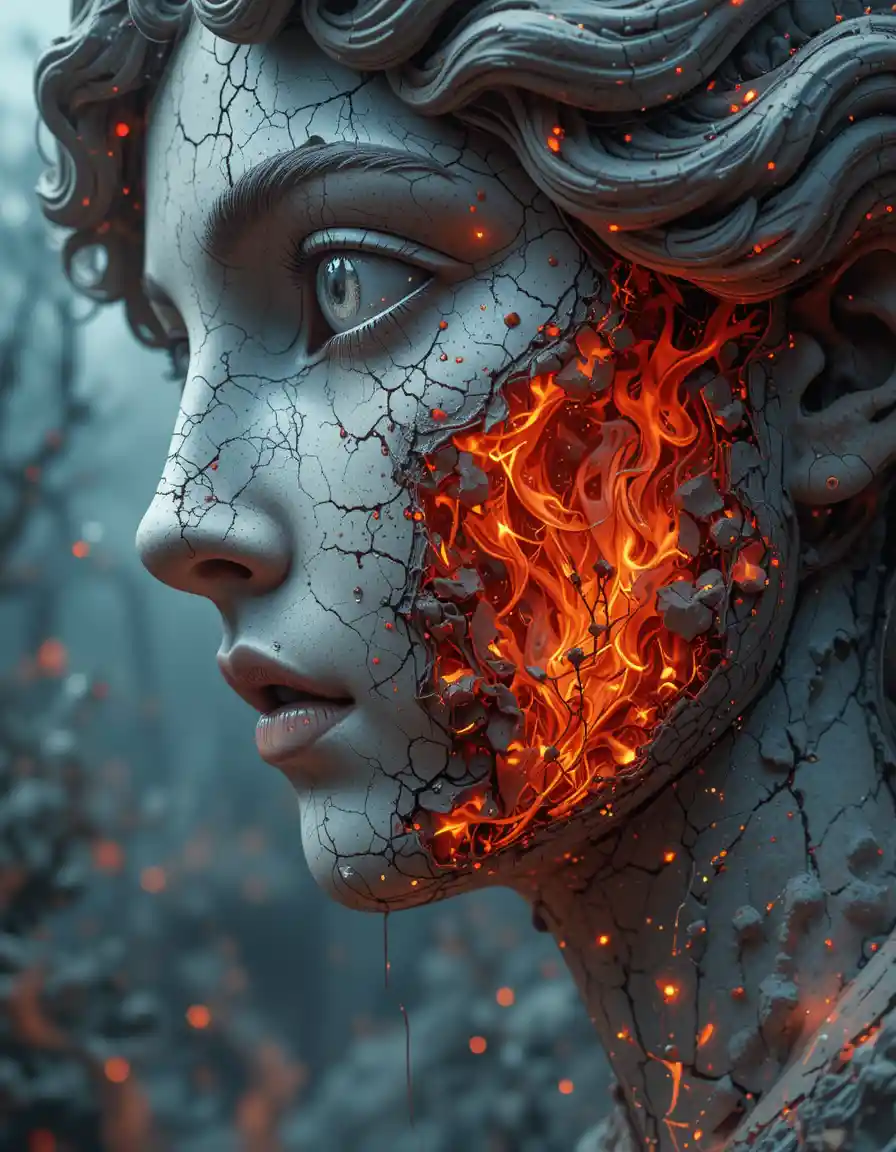 Half stone statue burning in vivid red orange flames