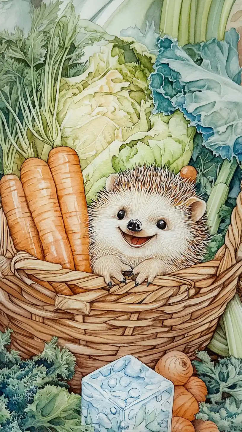 Joyful hedgehog in a vegetable basket in the garden