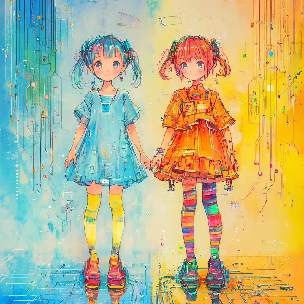 Two anime girls in colorful abstract split background
