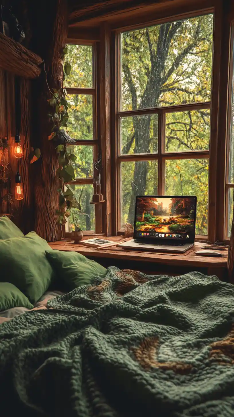 Cozy bed with green pillows in a wooden treehouse