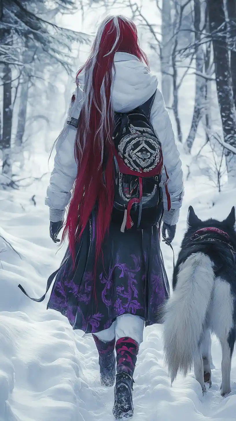 Anime girl walking with husky through snowy forest