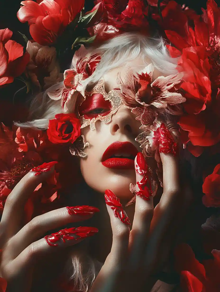 Woman in floral mask with bold red lips and nails
