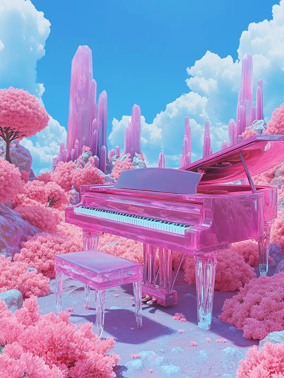 Pink crystal piano in a surreal alien dream landscape