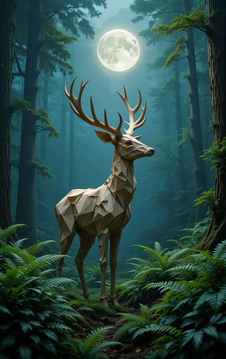 Origami deer in a mystical moonlit forest scene