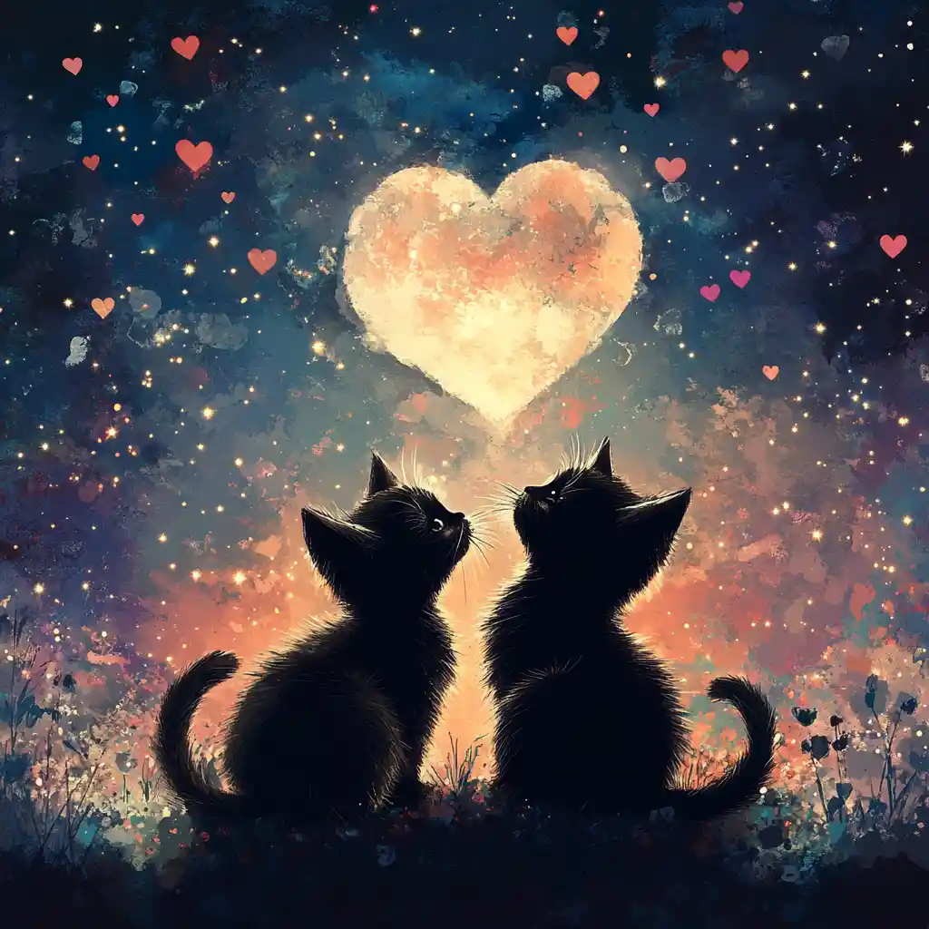 Silhouette kittens under a heart shaped moonlit sky