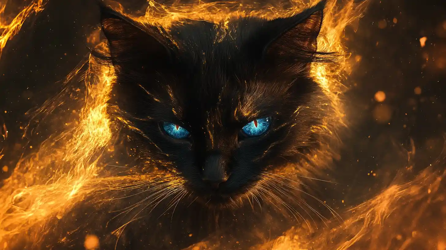 Majestic Black And Gold Fantasy Cat With Fiery Mane